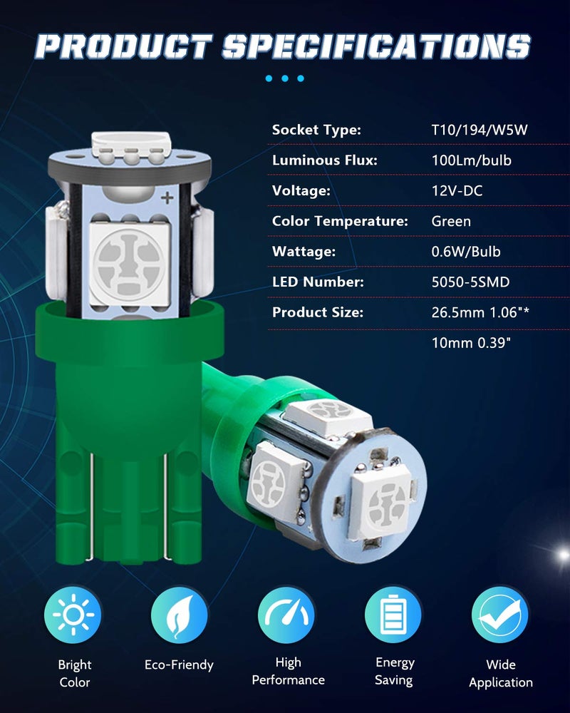Alopee 30 Pack 194 LED Bulb Green DC 12V T10 Wedge LED Bulb 5SMD 5050 Chips 168 2825 W5W 158 501 Car Interior Dome Map Door Light License Plate Light - Image 3